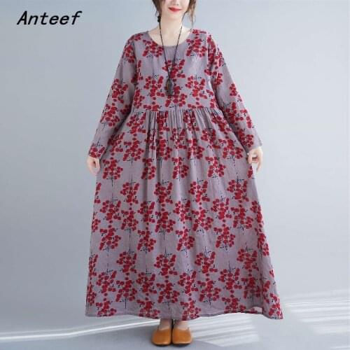 Long sleeve cotton linen vintage floral dresses for women casual loose woman spring autumn dress elegant clothes 2021