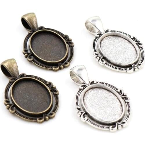 10pcs 13x18mm Inner Size Antique Silver Plated Bronze Flower Classic Style Cameo Cabochon Base Setting Pendant necklace findings