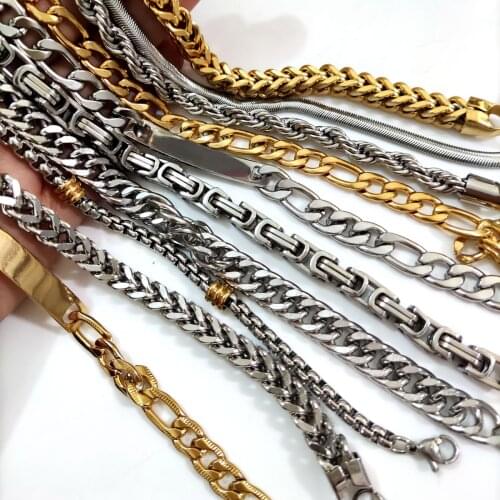 10pcs Men Chain Bracelet Gold Silver Stainless Steel Curb Cuban Link Chain Bracelets for Man Boy Hiphop Trendy Wrist Jewelry