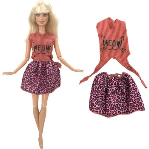 1x Doll Outfit Cat Design Pattern Vest + Leopard Skirt Fashion Dress Cute Clothes for Barbie Doll Accessories Toy