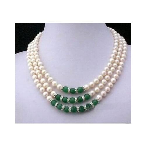 3Rows 7-8MM White Akoya Pearl & Emerald Necklace