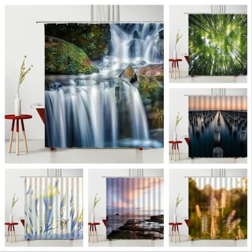 3D Waterfall Shower Curtain Natural Scenery Tree Bridge Wooden Pile Leaves Plant Island Boat Bathroom Decoration