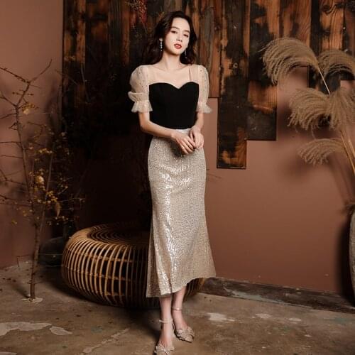 Sequins Elegant Evening Dress Empire Short Sleeves Strapless Ruched Ankle-Length Mermaid Plus size Women Formal Party Gown C1062