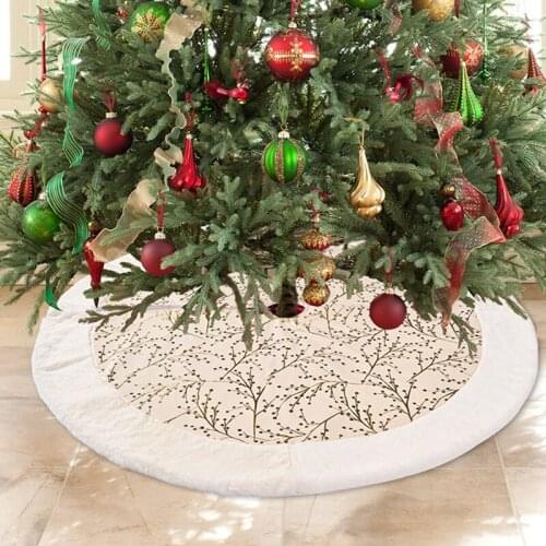 Christmas Tree Skirt Large Golden Pattern Xmas Tree Mat with White Plush Edge for Home Shops Festive Party Decorations New Year