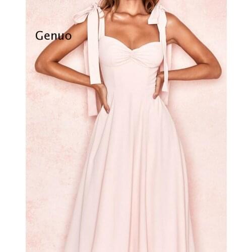 Solid Sleeveless Dress Women Bow Tie Spaghetti Strap a Line Backless Pink Midi Dress Elegant Casual Autumn Vestidos