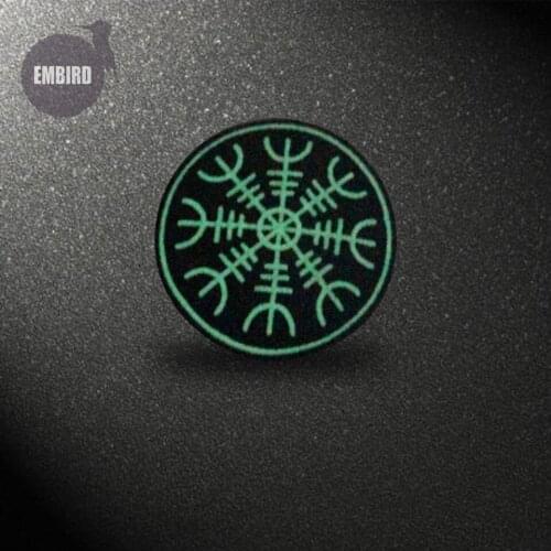 Embird patch Embroidered patches vintage Glow In Dark Aegishjalmr Viking Helm of Awe 3D iron on patches fashion badges patch