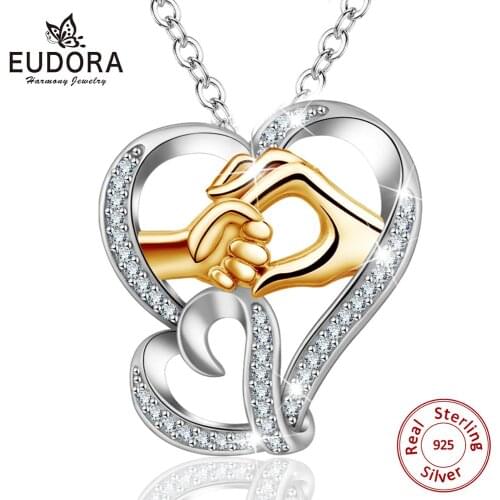 EUDORA Mom Loves Baby Hand in Hand 925 Sterling Silver Fashion AAA Zircon Charm Necklace Pendant Mothers day Gift For Mom D159