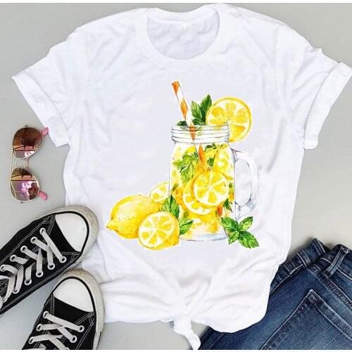 Women Cute Beach Drink Lemon Fruit Cartoon Short Sleeve Graphic Summer Fashion Print Female Clothes Tops Tees Tshirt T-Shirt
