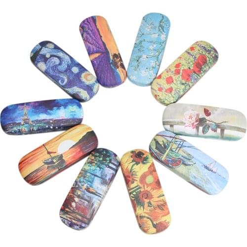 New 1Pcs Oil Painting Hard Leather Glasses Case Box Women Reading Glasses Case Men Retro Floral Print Eyewear Protector