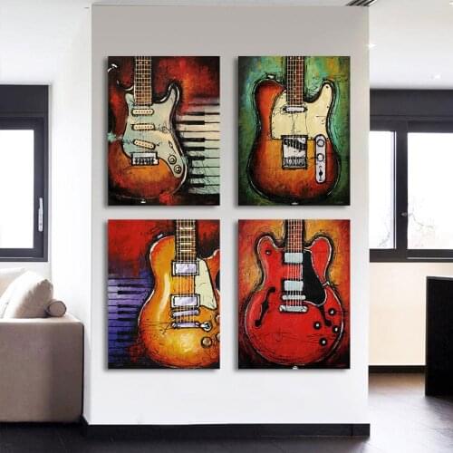 HD Printed Wall Decor Canvas 4 Pieces Abstract Guitar Painting Music Instruments Poster Canvas For Home Decor Unframed Poster