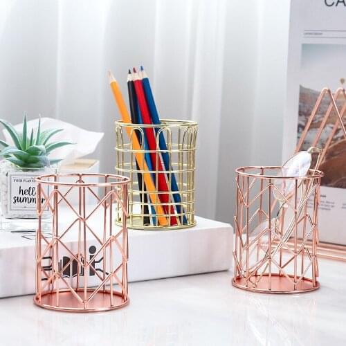Ins Golden Pen Holder Rose Gold Multifunctional Office Supplies Iron Pencil Box Cosmetic Brush Case Desktop Stationery Container