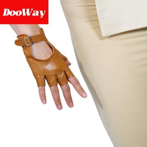 DooWay 100% REAL LEATHER Fingerless Short Gloves Brown Silver Square Buckle Half Finger