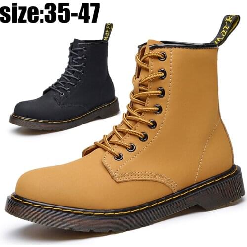 Mens and womens high-end leather Martin boots, couple casual lace-up brown handmade boots, plus velvet warm work boots