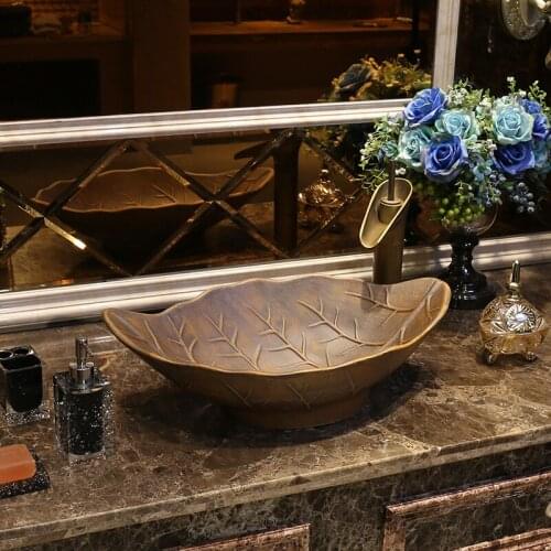 Creative Restoration Art basin oval-shaped Ceramic Washbasin Individual Style Ancient leaf ceramic wash basin bathroom sink