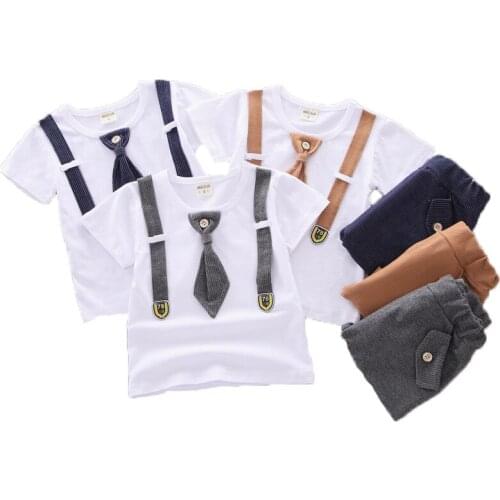 Summer Children Clothes Sets Baby New Short-Sleeved + Pants With Bow Tie Strap Toddler Cotton Kids Boys And Girls Costume Suit