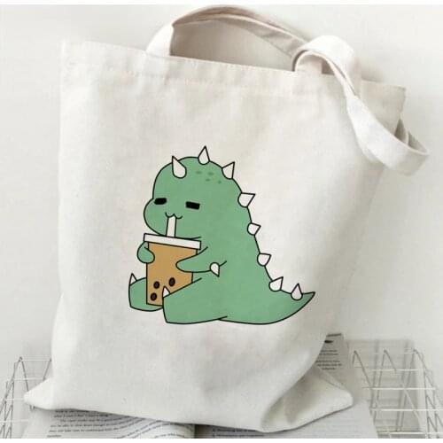 Cute Little Dinosaur Cartoon Shopping Bag Handbag Eco Bolsas Canvas Shopper Bag Books Bag Cabas Reusable Foldable Fashion Bag