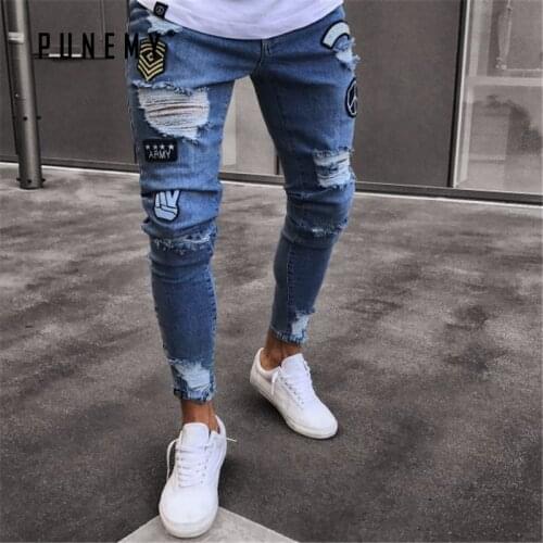 Men Jeans 2020 Stylish Ripped Jeans for Men Pants Skinny Slim Straight Frayed Denim Joggers Hip Hop Streetwear Fashion Jeans Men