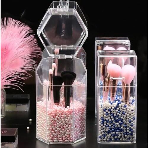 Transparent Makeup Storage Box Makeup Brush Organizer Lipstick Pencil Storage Plastic Box Dustproof Jewelry Display Stand Pearl