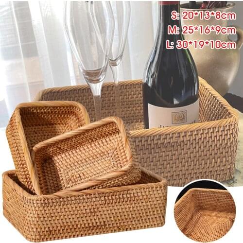 Rattan Baskets Rectangular Handwoven Storage Serving Basket Organizer Holder Box for Fruit Snack Bread Picnic Kitchen Supplies