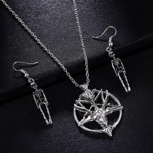 New Fashion Retro Exaggerated Unisex Halloween Skeleton Skull Dangle Earring Five-pointed Star Sheep Head Pendant Chain Jewelry