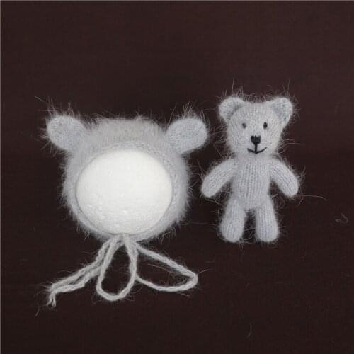 Grey Teddy Bear Baby Bonnet Toy Set Handmade Fuzzy Animal Hat Stuffer Toy Newborn Photo Shoot Photography Props