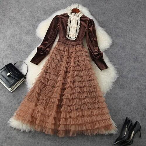 American European womens and clothing New styles for spring 2021 Long sleeves of contrasting velvet Fashion cake dress