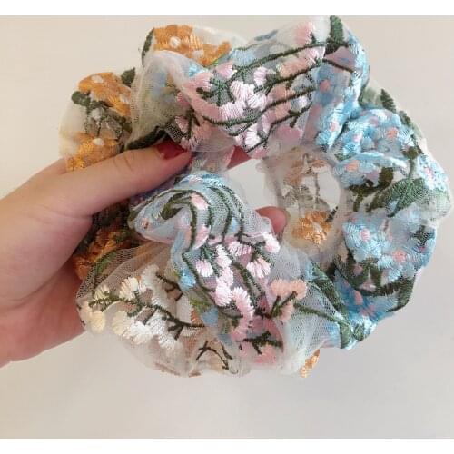Women Floral Embroidery Lace Hair Ties Lady Sweet Candy Color Silk Yarn Scrunchie