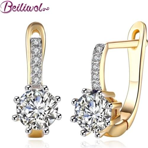 Beiliwol Stud Earrings for Women Champagne Gold Color Fashion Jewelry Round Crystal Earring Female Ear Brincos Elegant Ladies
