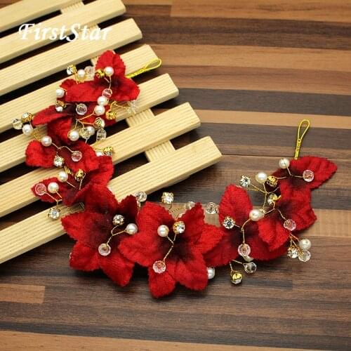 FirstStar Romantic Handmade Pearl Bead Women Headdress Crystal Bridal Headpieces Red Flower Crown And Tiara For Wedding Ornament