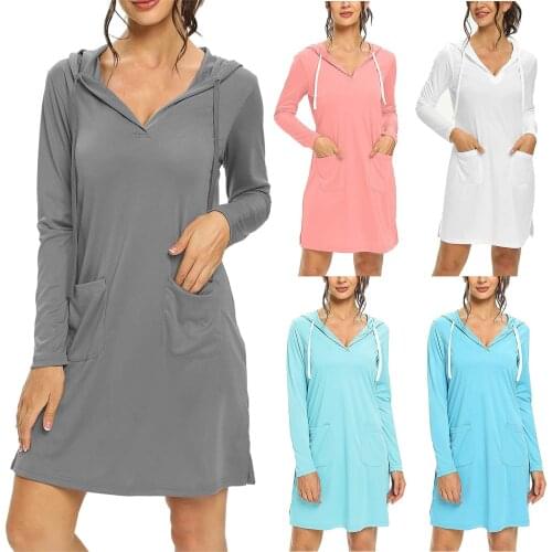 Women Dress Spring Autumn Casual Solid Color Long Sleeve Hoodie V Neck Dress Pocket Polo Dress Loose Plus Size Female Dress 2021