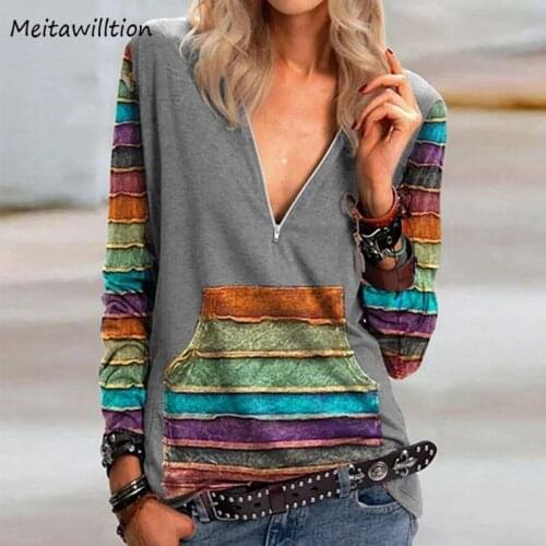 2020 Vintage Women Print Loose Tee Shirts Spring Pocket V Neck Long Sleeve T-Shirt Elegant Office Lady Tops Plus Size