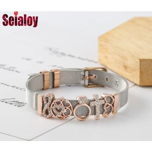 Seialoy New Two Colors Stainless Steel Strap Bracelet For Women Men Heart Round Cross Forever Love Beads Bangle Jewelry Gifts
