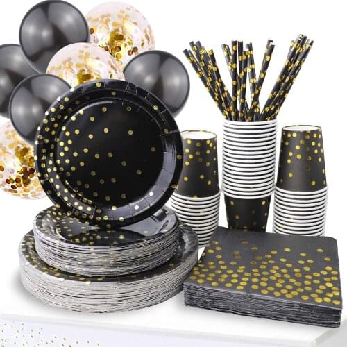Black Bronzing golden dots Baby Shower party disposable tableware for birthday party decorations kids baby shower party supplies