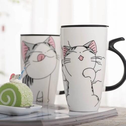 600ml Cute Cat Ceramics Coffee Mug With Lid Large Capacity Animal Mugs creative Drinkware Coffee Tea Cups Milk cup Novelty Gifts