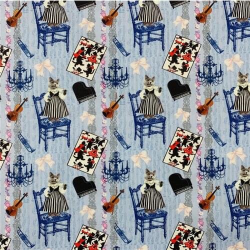 Music cat Musical Instrument Guitar Print 100% Cotton Fabric for Girl Clothes Hometextile Cushion Cover Curtain DIY 105cm Width