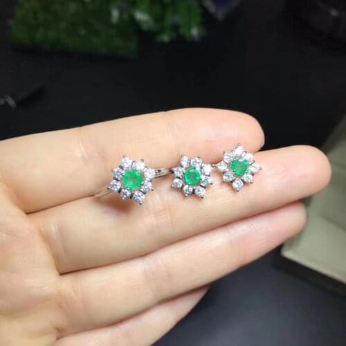Natural green emerald gem Ring earrings Natural Gemstone Jewelry Set S925 Silver elegant Simple Small square girl party jewelry