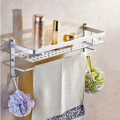 Aluminum 1 Tier 50 cm Wall Mounted Bathroom Shelf Washing Shower Basket With Towel Bar Hooks Shelves Accessories Storage 809016