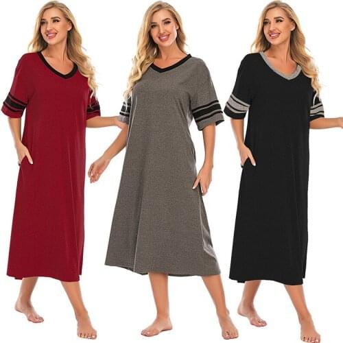 Womens Nightgown Cotton Novelty Sleepshirts V Neck Short Sleeve Sleep Shirt Loose Comfy Pajama Midi Sleepwear
