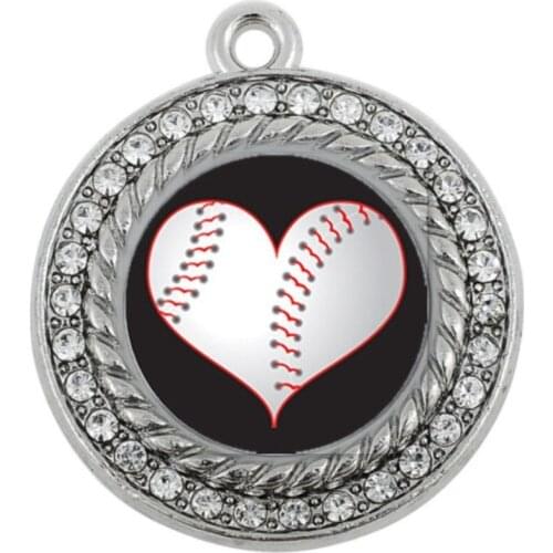 Custom Sticker Rhodium Plated Alloy Heart Baseball Sticker Crystal Pendant Sport Charm DIY