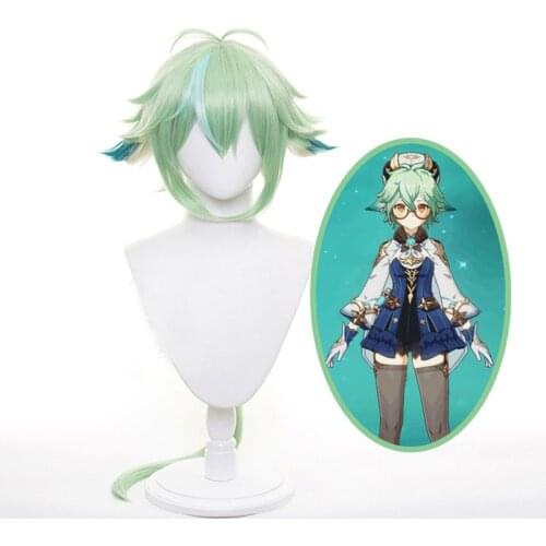 Genshin Impact Sucrose Cosplay Wig with Ears Green Mixed Synthetic Long Straight Braids Heat Resistant Halloween Adult Unisex