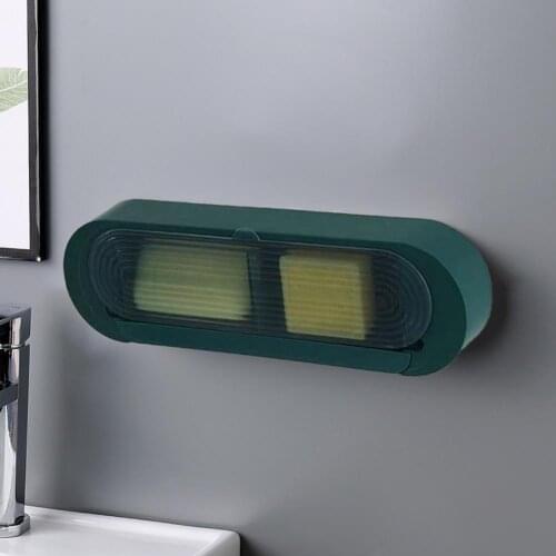 1 Set Dust-proof Soap Box Wall Mountable ABS Double Grids Lid Design Punch Free Soap Holder Case for Daily Life