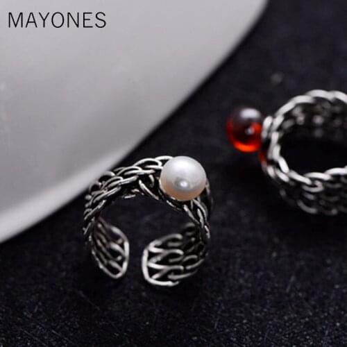 925 Sterling Silver Retro Three Tier Chain Red Garnet &Pearl Open Adjustable Ring Women Thai Silver Vintage Gift