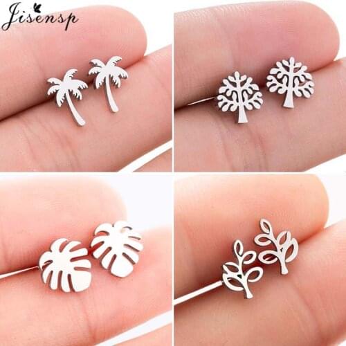 Jisensp Summer Beach Style Simple Fashion Coconut Tree Stud Earrings Boho Palm Leaf Stainless Steel Earrings for Women Men