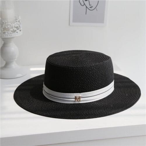 2020 Letter M Women Beach Straw Hat Outdoor Black British Style Cap Embroidered White Flat Top Summer Female Wide Brim Sunhat