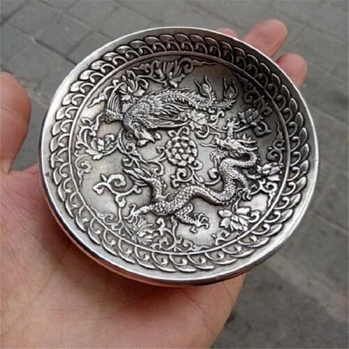 Collect Chinese Tibet Silver Sculpture LongFeng god Beast Plate Decoration