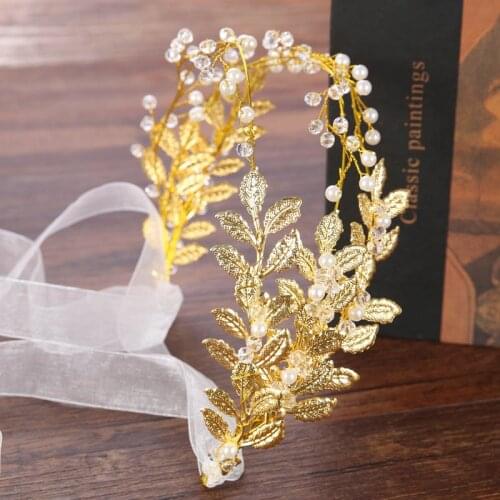 Golden Hairbands Wedding Tiara Pearl Wedding Crown with Golden Leaves Bridal Hair Accessories Head Jewelry Wedding Hair EA