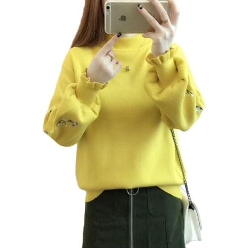 Autumn Winter New Women Sweater Plus Velvet Thick Knitted Sweater Pullover Plus Size Embroidery Ruffle Lantern Sleeve Sweaters