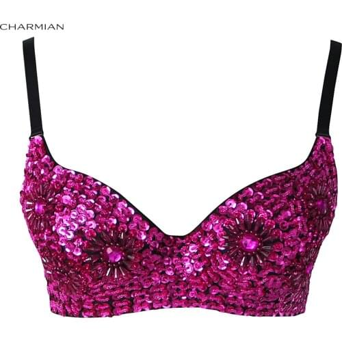 Charmian Womens B Cup Gothic Steampunk Bra Top Floral Sequin Party Nightclub Dance Tribal Bra Crop Top Corsets and Bustiers