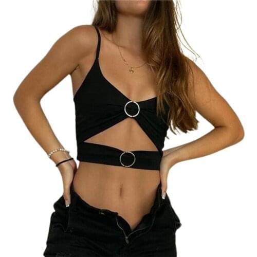 2021 Fashion Women Ladies Vest Solid Color Sleeveless Spaghetti Strap Crop Tops Hollow Out Camisole with Metal Ring for Summer