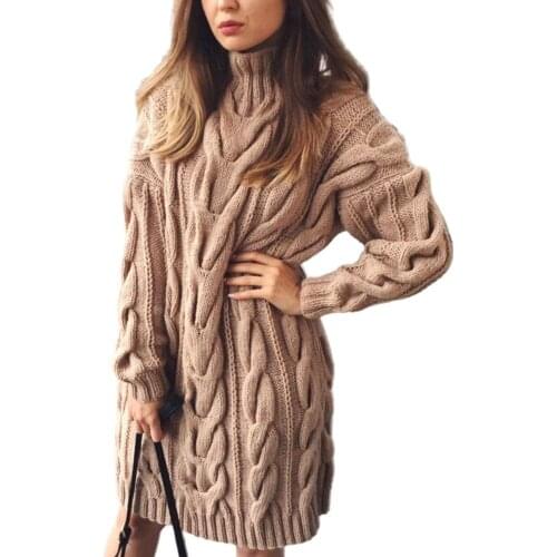 Womens Winter Cotton Knited Slim Pullover Sweaters Autunm Female High Collar Long Sleeve Solid Color Sweaters Mini Dress